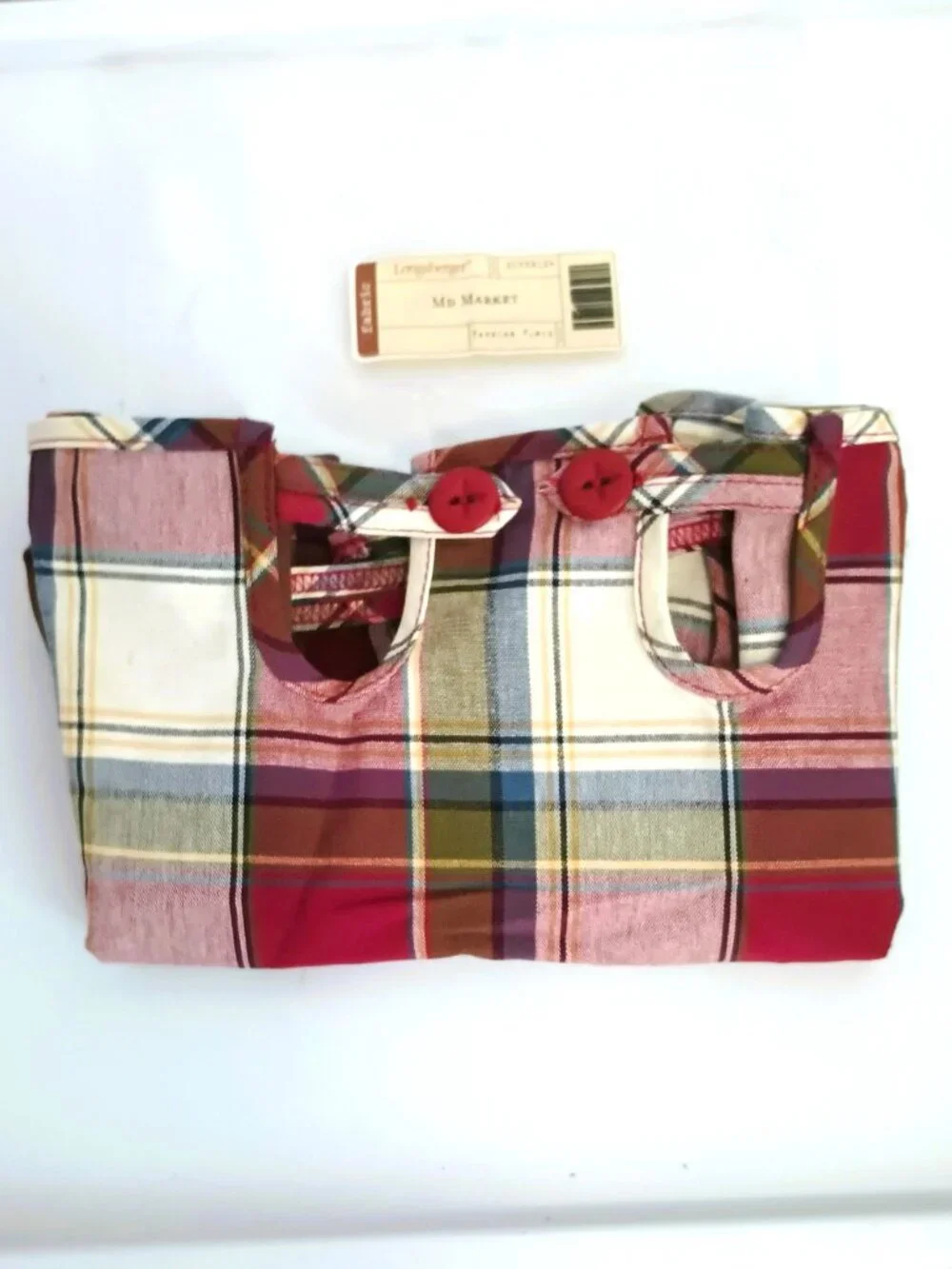 Longaberger Paprika Plaid Basket Liner Medium Red, Blue Off White Button